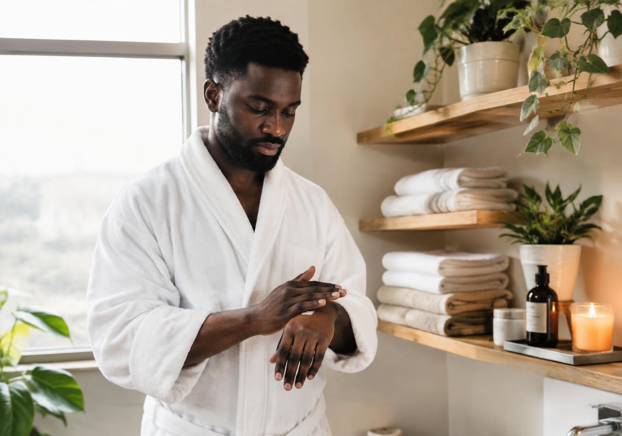 A man in a white robe applying moisturiser at home